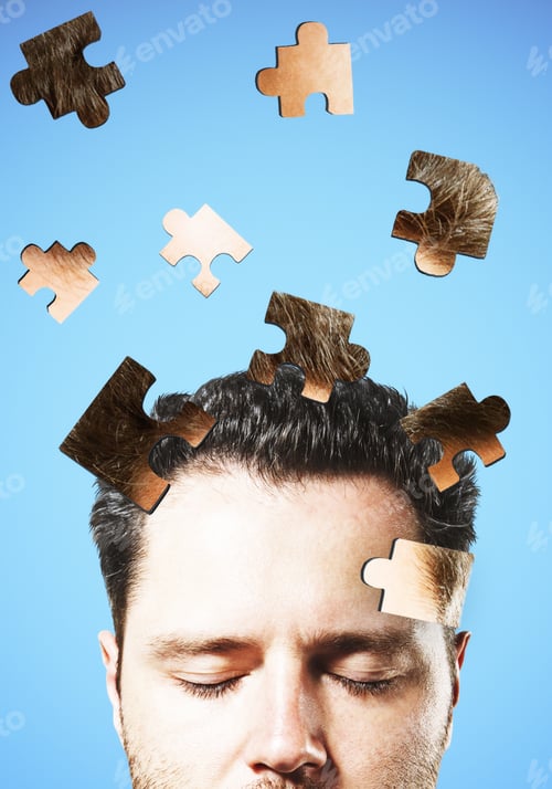 Preview: Puzzle Headed Businessman On Blue Background. Confusion And Challenge Concept