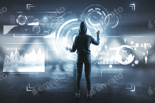Preview: Back View Of Hacker Using Digital Interface In Abstract Interior. Hacking And Malware Concept