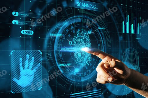 Preview: Man Hand Pointing At Abstract Glowing Finger Scanning Hologram On Dark Background. Fingerprint And