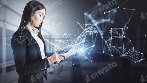 Preview: Attractive Young European Businesswoman Using Tablet With Abstract Polygonal Network Mesh Hologram