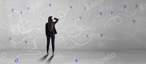 Preview: Answer For The Questions Concept With Businesswoman In Front Of Concrete Wall With White Curved