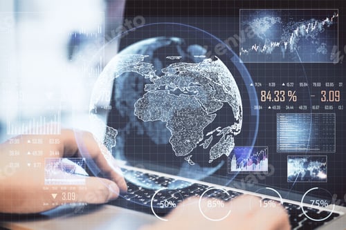 Preview: Businessman Hand Using Laptop With Abstract Global Network Interface. Global And Technology