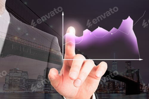 Preview: Businessman Pointing At Business Chart On Night City Background. Double Exposure. Financial Growth