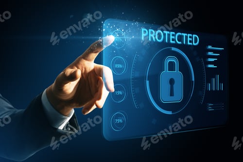 Preview: Close Up Of Businessman Hand Pointing At Creative Protected Digital Padlock On Blue Background