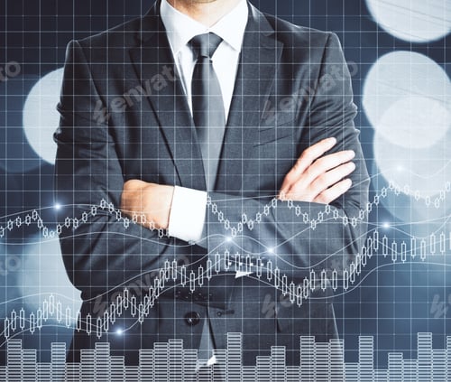 Preview: Businessman With Folded Arms And Abstract Forex Chart. Finance Concept. Double Exposure