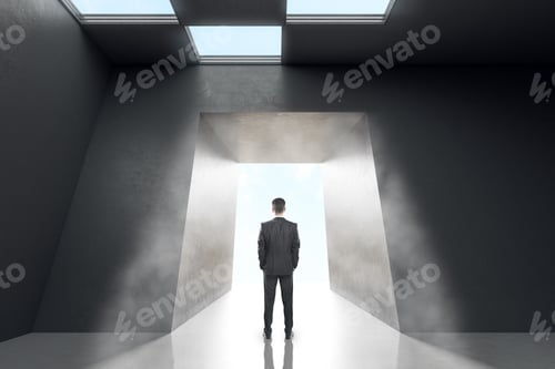 Preview: Thoughtful Businessman In Concrete Office Room Interior Standing At Success Door. New Way, Start Up