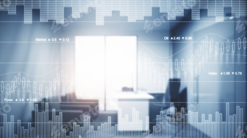 Preview: Blurry Filtered Office Interior With Abstract Forex Chart. Finance Concept. Double Exposure