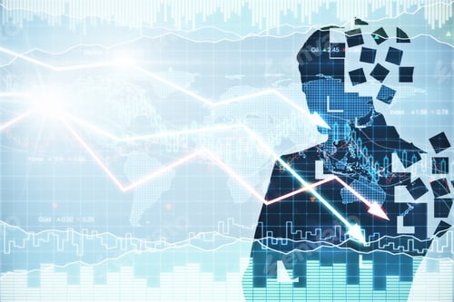 Preview: Side View Of Thoughtful Man Silhouette On Abstract Forex Background With Copy Space. Fund