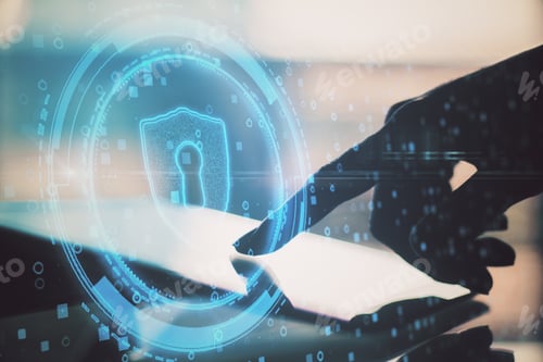 Preview: Personal Information Protection Concept With Glowing Digital Keyhole Symbol On Man Hand Touching