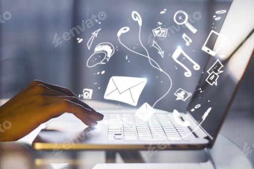 Preview: Side View And Close Up Of Female Hand Using Laptop With Social Media Sketch On Blurry Background