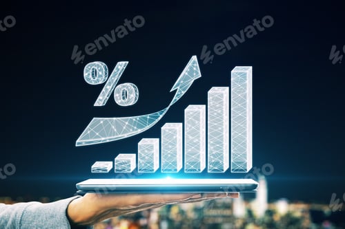 Preview: Hand Holding Tablet With Abstract Polygonal Business Chart And Interest On Blurry Night City