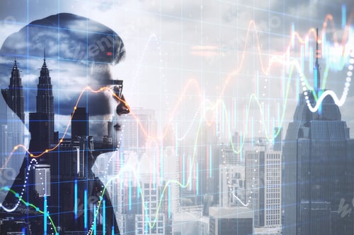 Preview: Businessman Silhouette And Stock Report Hologram On Blurry City Background. Business And Trade