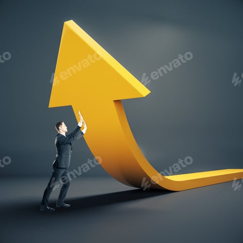 Preview: Businessman Holding Big Yellow Arrow. Success And Startup Concept.