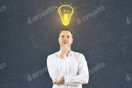 Preview: Thoughtful Handsome Man With Draw Lamp Standing On Concrete Wall Background With Copy Space