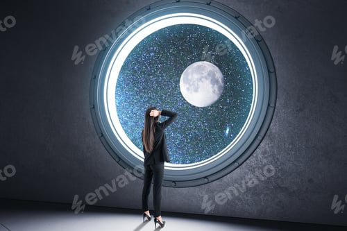 Preview: Back View Of Young Businesswoman Looking Out Of Round Illuminator With Starry Sky Cosmos And Planet