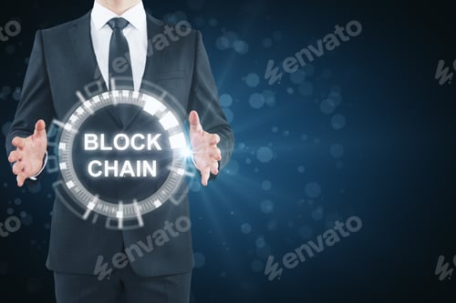 Preview: Businessman Holding Abstract Blockchain Button On Blurry Backdrop. Cryptocurrency And Trade Concept