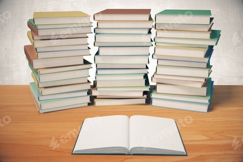 Preview: Piles Of Books And Opened Blank Diary On A Wooden Table
