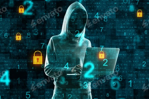 Preview: Hacker Using Laptop On Abstract Binary Code Background With Padlocks. Malware And Hacking