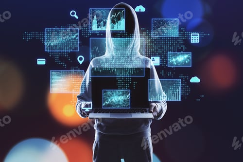 Preview: Hacker Using Laptop With Finance And Data Protection Interface. Hacking And Cyber Attack Concept.