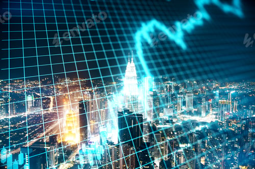 Preview: Growing Stock Chart With Digital Grid On Night City Background. Trade And Investment Concept