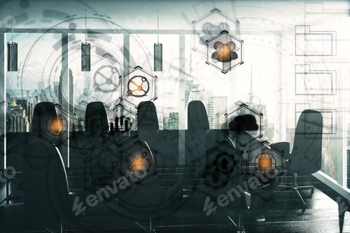 Preview: Conference Room Interior With Table, Chairs, City View, Daylight And Digital Business Hologram