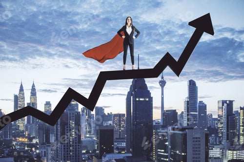 Preview: Businesswoman In Red Hero'S Cloak Standing On Black Arrow On City Background. Finance And Trade