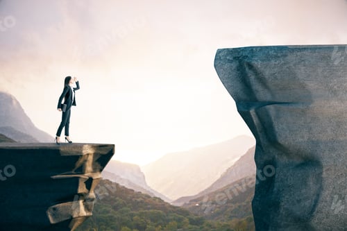Preview: Young Businesswoman In Suit Standing On Mountain. Leadership And Success Concept