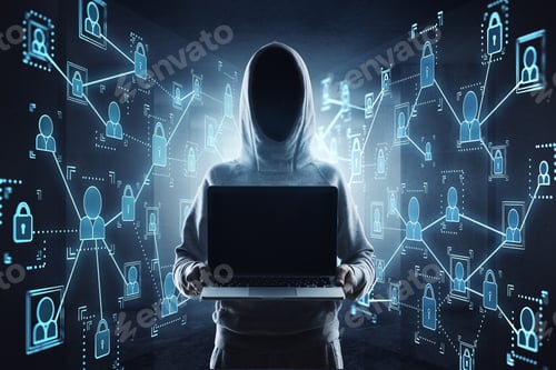 Preview: Cybercrime, Hacking And Technology Crime. No Face Hacker In Dark Room With Digital Icons Holding