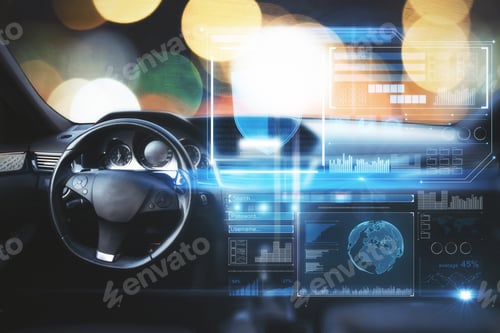 Preview: Car Interior With Digital Screen On Blurry Bokeh Background. Double Exposure