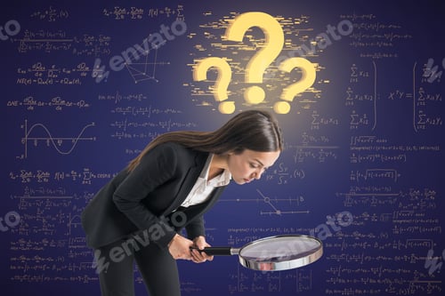 Preview: Attractive Young Caucasian Woman With Magnifier Looking For Answers With Glowing Question Marks On