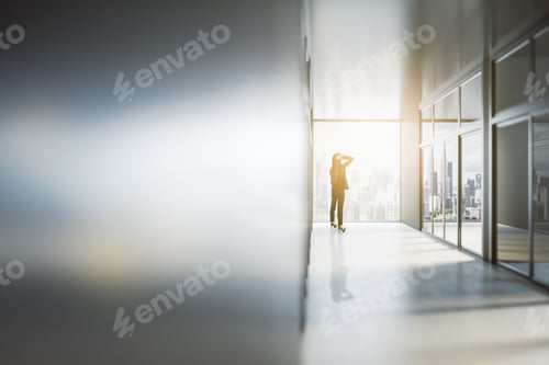 Preview: Businesswoman Looking Out Of Window In Abstract Bright Light Office Interior With Mock Up Place On