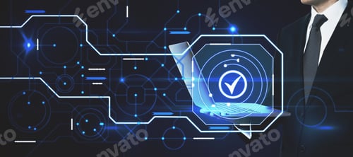 Preview: Close Up Of Businessman Using Laptop With Abstract Glowing Digital Business Circuit Network And