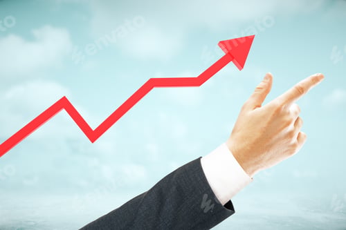 Preview: Red Chart Arrow And Pointing Businessman'S Hand On Sky Background. Growth Concept