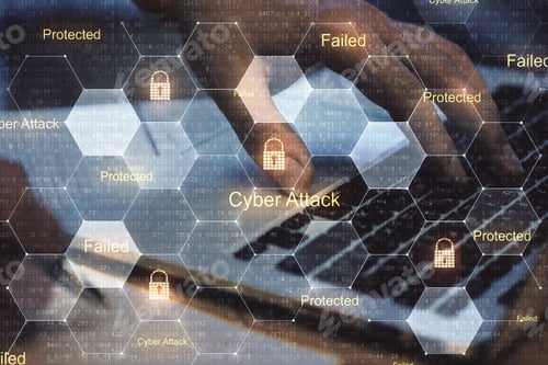 Preview: Internet Database Security With Man Hand Typing On Laptop And Digital Lock Icons In Cells.Double