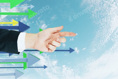 Preview: Pointing Hand With Arrows On Sky Background. Direction And Success Concept
