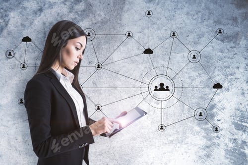 Preview: Young Woman Using Tablet With Creative Social Network Interface And Glowing Human Resource Concept