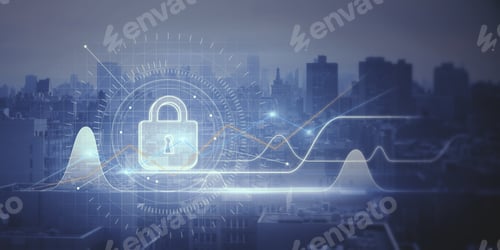 Preview: Abstract Business Chart With Padlock Interface Glowing On Blurry City Background. Investment