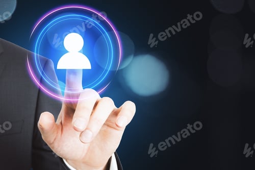 Visualização: Businessman Hand Pushing People Network Hologram. Innovation And Technology Concept