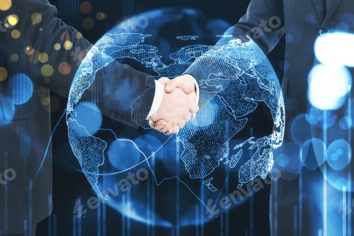 Preview: Two Businessman Shake Hands At Earth Background And Glowing Forex Chart Graph.