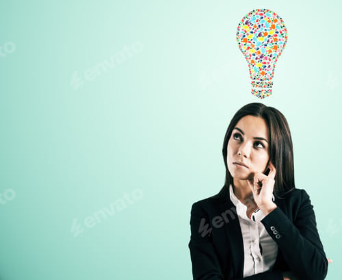 Preview: Portrait Of Pretty Young European Businesswoman With Creative Hand Gesture Lightbulb On Blue