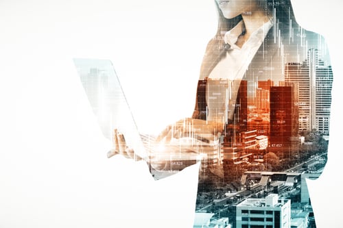 Preview: Double Exposure Of Businesswoman Silhouette Using Laptop With Stock Infograph On City Background