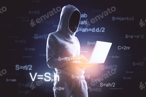 Preview: Hacker Using Laptop With Abstract Mathematical Formulas. Computing, Programming And Attack Concept