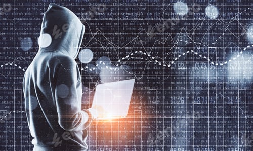Preview: Side View Of Hacker Using Laptop With Glowing Forex Interface. Technology, Trade And Malware