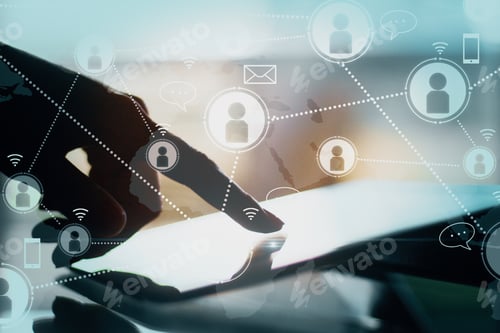 Preview: Side View And Closeup Of Backlit Female Hands Using Tablet With Connected Interface. Social Network