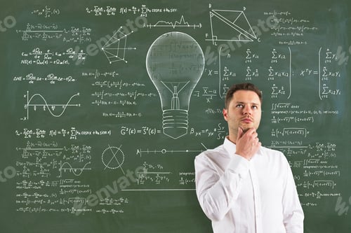 Preview: Attractive Thoughtful Young European Businessman With Abstract Lamp Sketch With Mathematical
