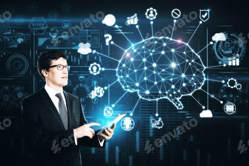 Preview: Handsome European Businessman Using Smartphone With Abstract Ai Interface On Night City Background