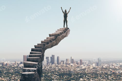 Preview: Back View Of Young Hacker Celebrating Success On Stairs. City Background. Information And Success