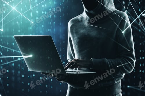 Preview: Young Hacker Using Laptop On Abstract Binary Code Background. Hacking And Theft Concept. Double