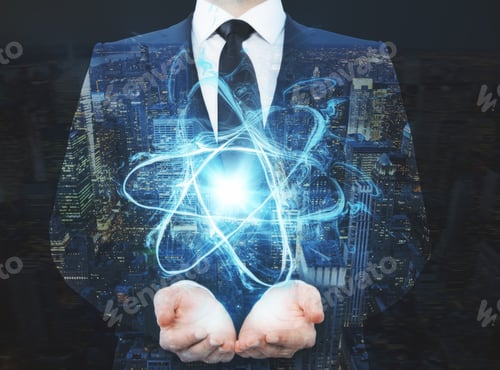 Preview: Businessman Holding Abstract Atom On Night City Background. Double Exposure. Medicine Concept