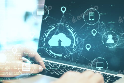 Preview: Hands Tayping On Laptop With Online Shopping Diagram. Cloud Computing And Communication Concept